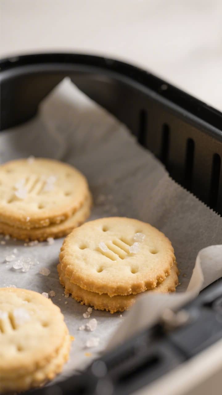 Close-up detail, cooking process: Air fryer shortbread cookies mid-bake inside an open basket lined 