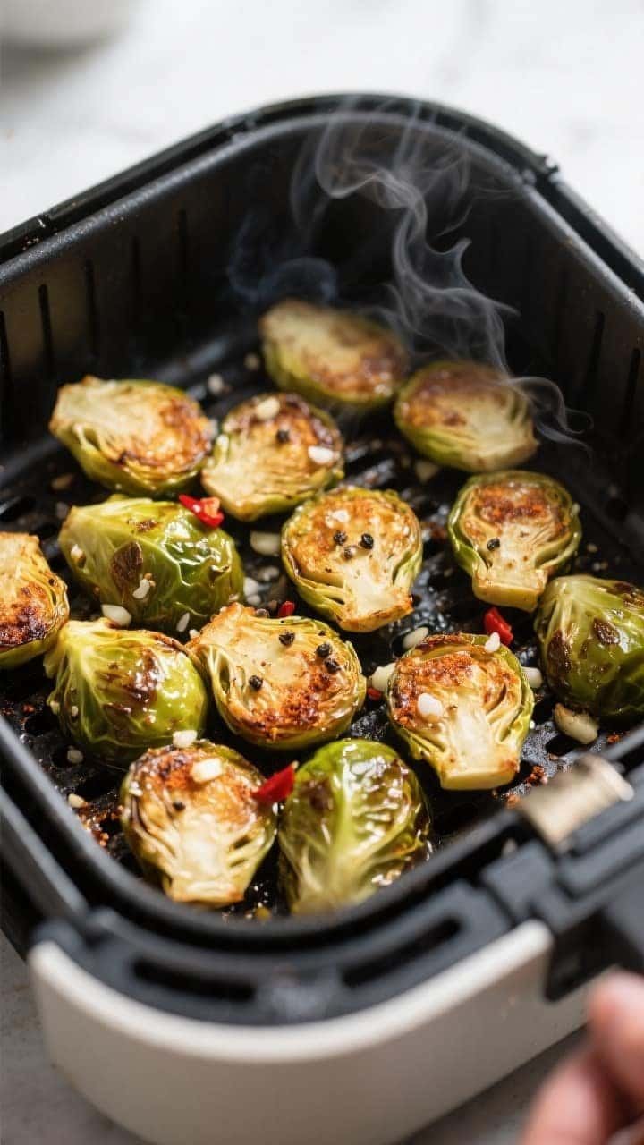 Close-up detail, cooking process: Crispy keto air fryer Brussels sprouts mid-cook in an open air fry