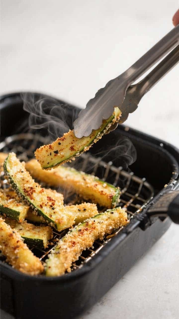 Close-up detail, cooking process: Golden-brown keto zucchini fries in an open air fryer basket at 40