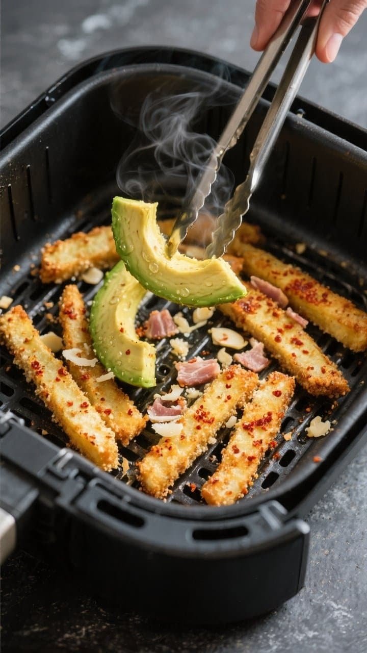 Close-up detail, cooking process: Golden-brown keto avocado fries mid-cook in an open air fryer bask