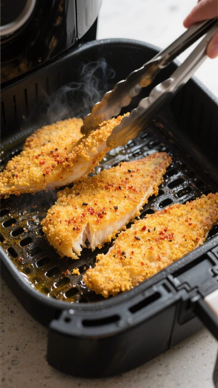 Close-up detail/cooking process: Golden, cornmeal-crusted whiting fillets sizzling in a preheated ai