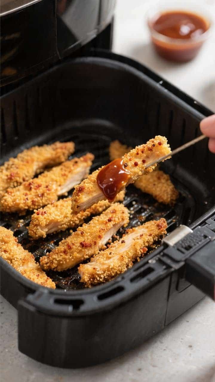 Close-up detail, cooking process: Golden-crisp air-fried BBQ chicken strips in an open air fryer bas