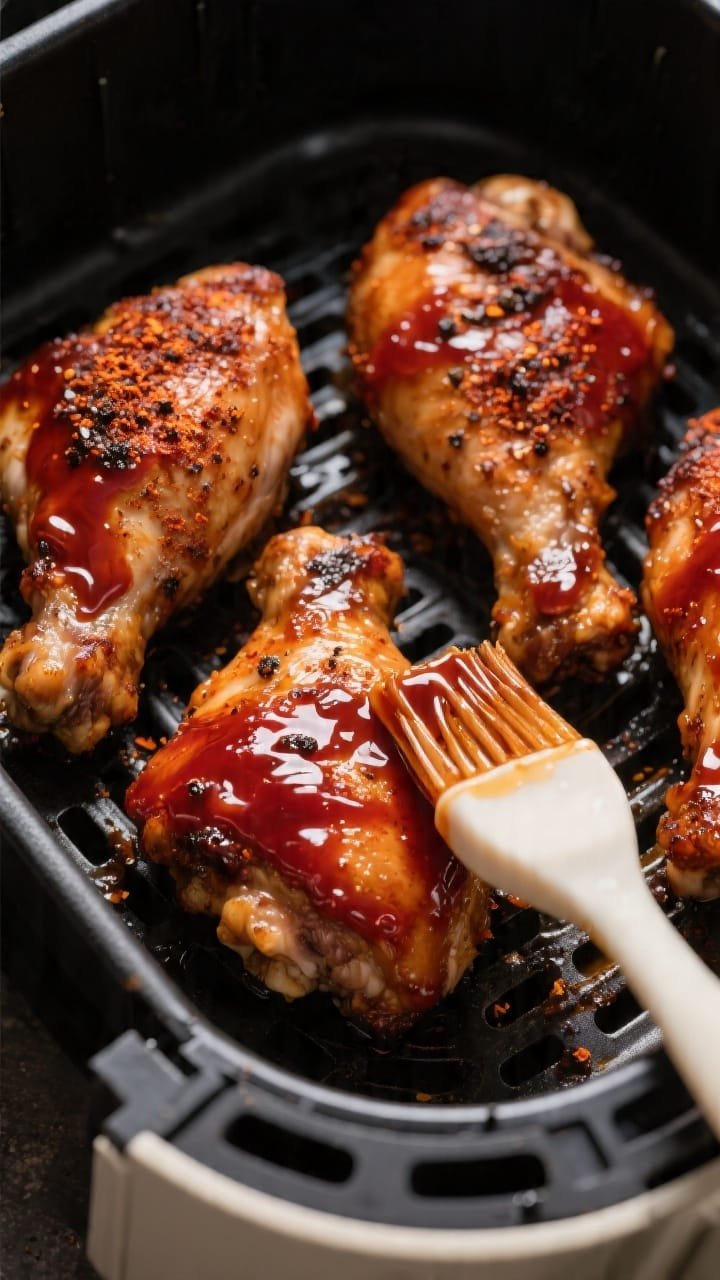 Close-up detail/cooking process: Juicy air-fried BBQ chicken thighs in an open air fryer basket, ski