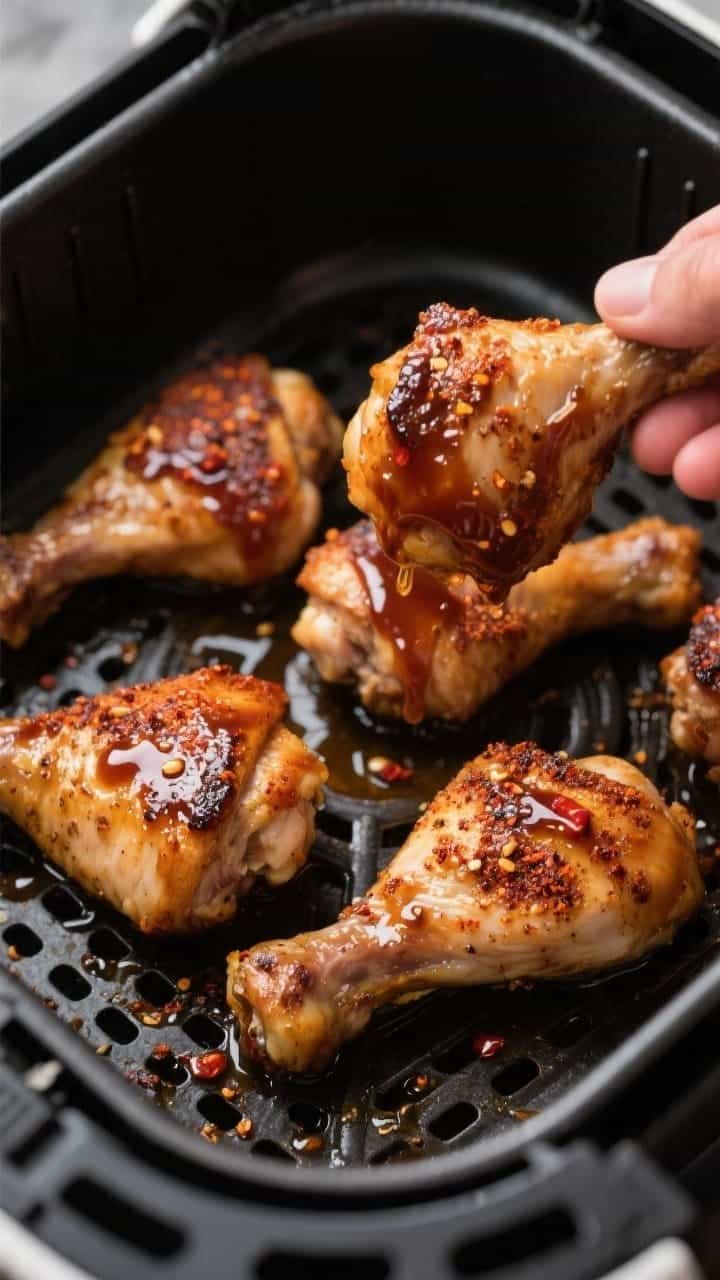 Close-up detail/cooking process: Juicy air-fried chicken thighs mid-cook in an open air fryer basket