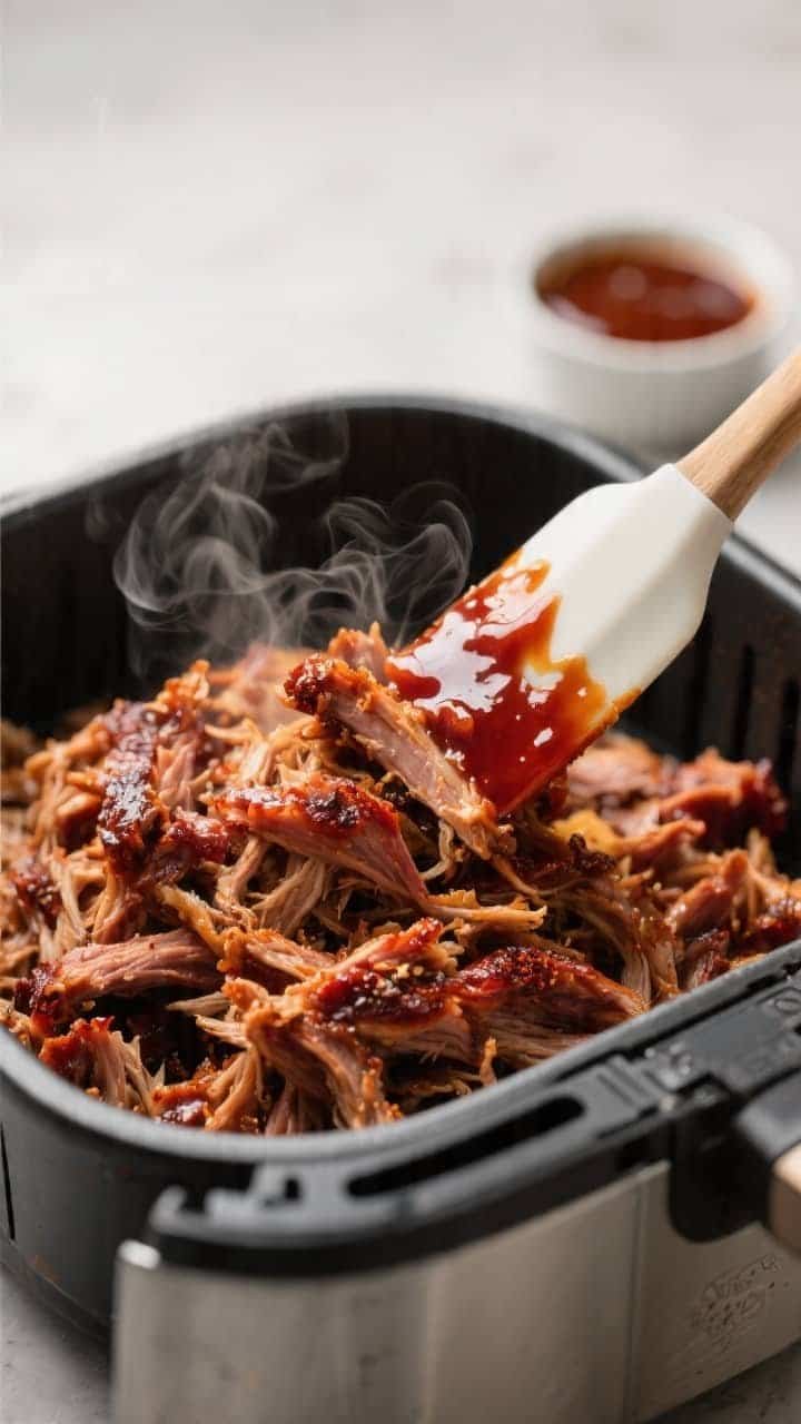 Close-up detail, cooking process: Shredded BBQ pulled pork in an air fryer basket at 375°F, edges c