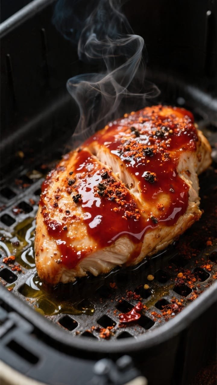 Close-up detail: Glazed air fryer BBQ chicken breast just after the second cook stage, brushed with 