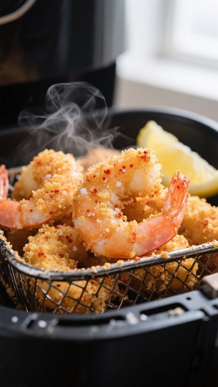 Close-up detail: Golden air-fried shrimp fresh from the basket, intensely crispy panko crust with vi