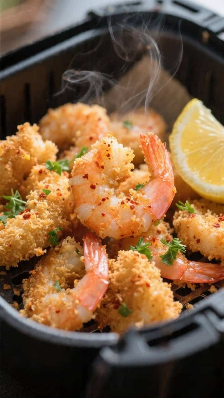 Close-up detail: Golden air-fried shrimp just out of the basket, crisp panko-cornstarch coating glis