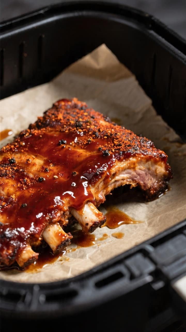 Close-up detail of air-fried baby back ribs just after the final 400°F caramelization step, meaty s
