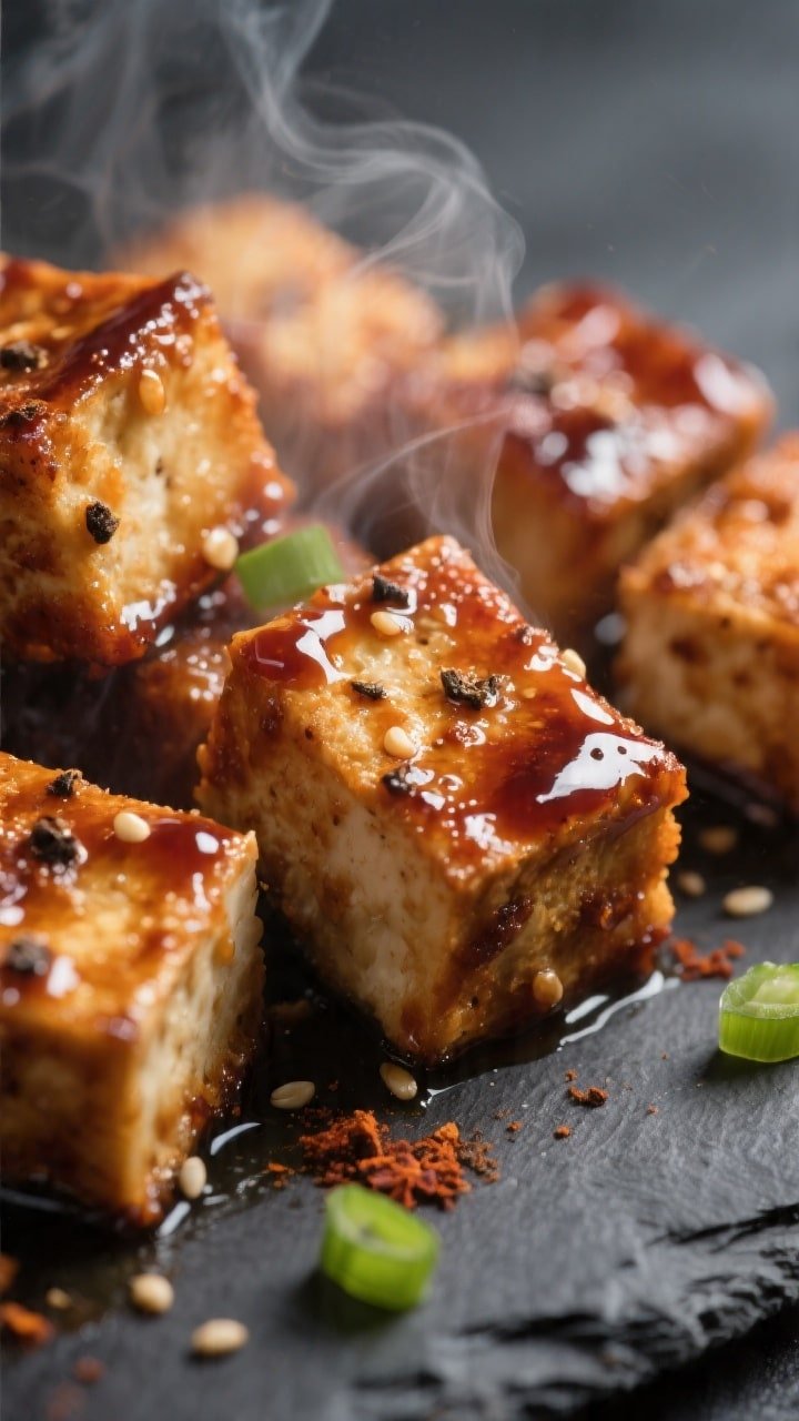 Close-up detail of air-fried BBQ tofu cubes just after the glaze set: caramelized, glossy BBQ sauce 