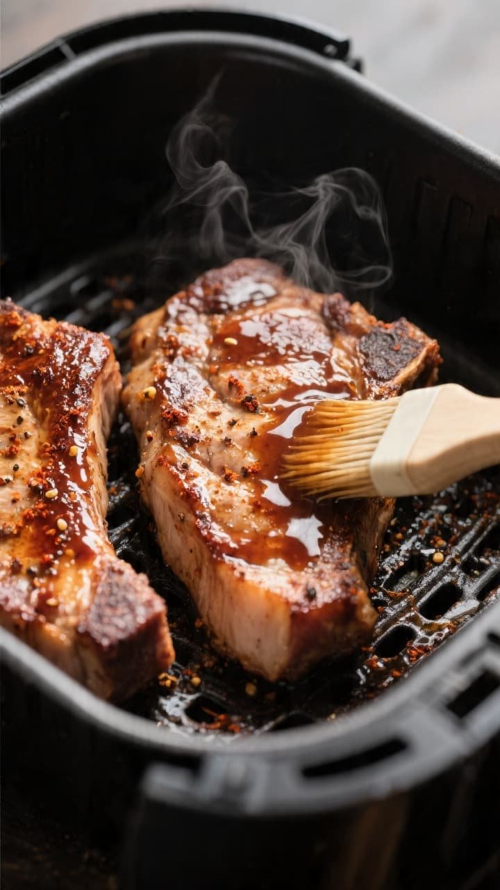 Close-up detail of air-fried boneless pork chops just after the “glaze and flip” step: chops in 
