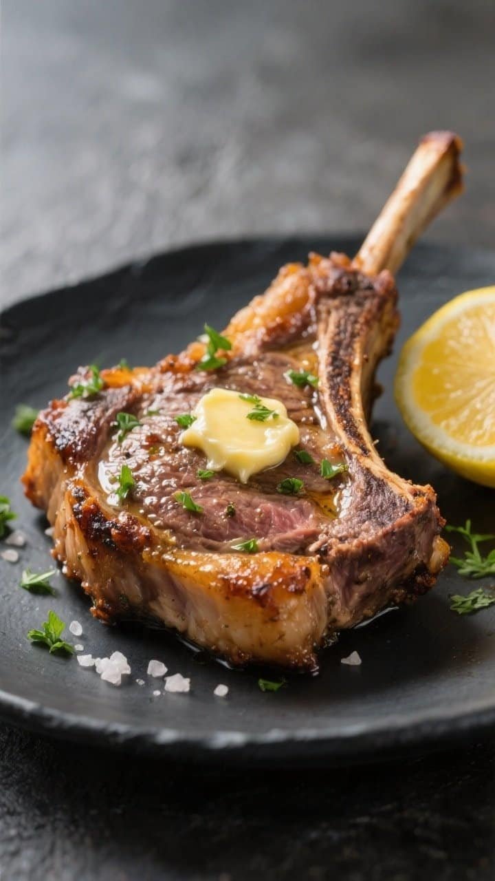 Close-up detail of air-fried keto lamb rib chops just after resting: golden-brown crust with crisp,