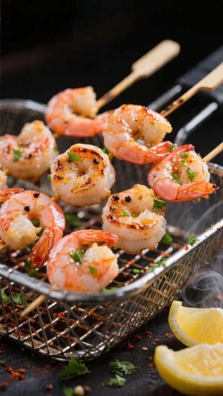 Close-up detail of air-fried shrimp skewers just out of the basket, showing juicy pink, opaque shrim