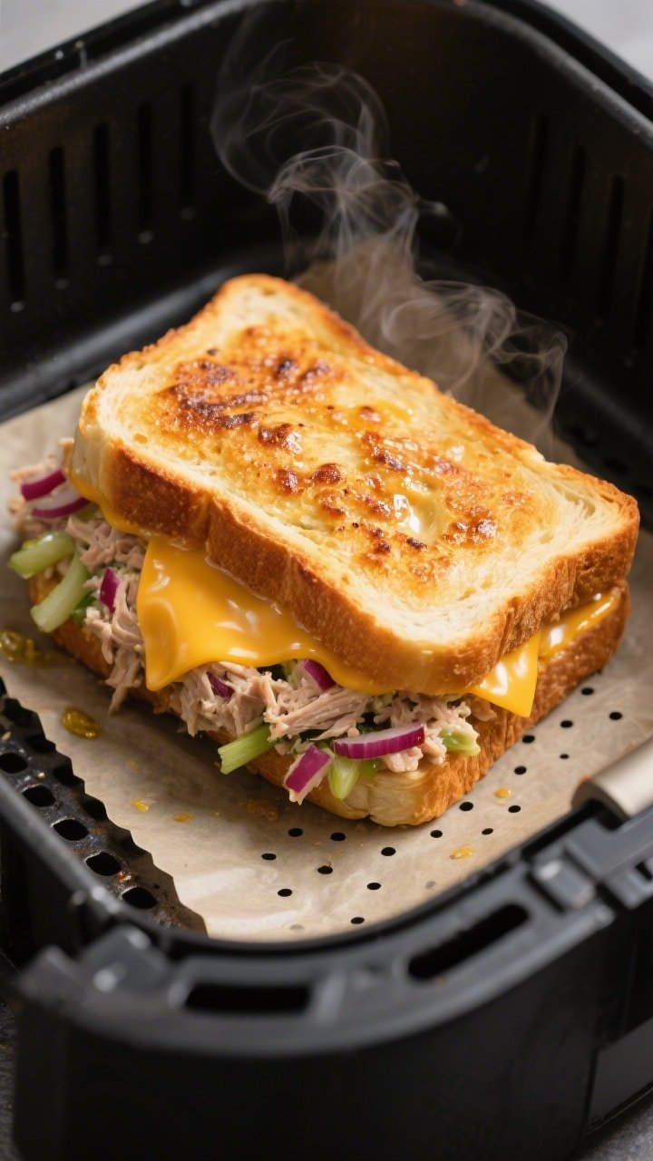 Close-up detail of an air-fried tuna melt mid-cook inside the basket: golden, blistered sourdough wi