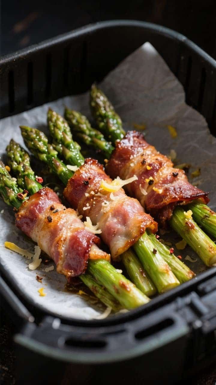 Close-up detail of bacon-wrapped asparagus just out of the air fryer, bacon edges rendered crisp and
