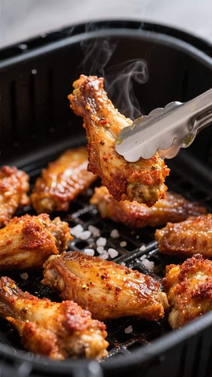 Close-up detail of crispy air fryer keto chicken wings just out of the basket, deep golden-brown, cr