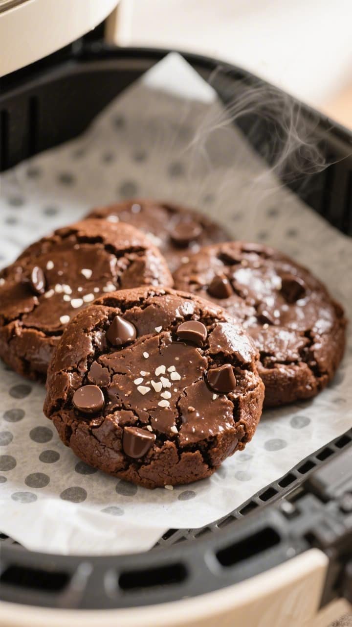 Close-up detail of freshly air-fried brownie cookies resting on parchment inside an air fryer basket
