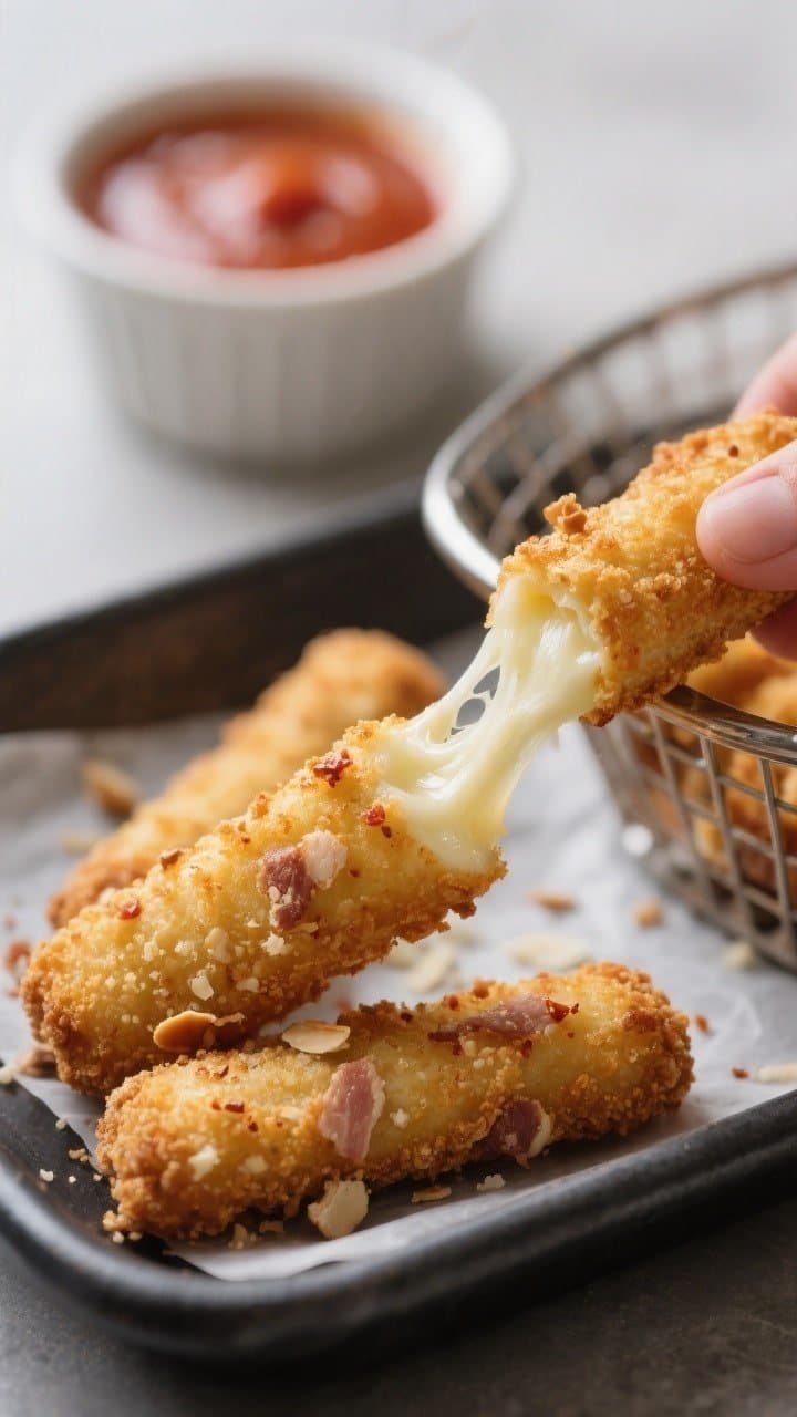 Close-up detail of freshly air-fried keto mozzarella sticks just out of the basket: golden, craggy c