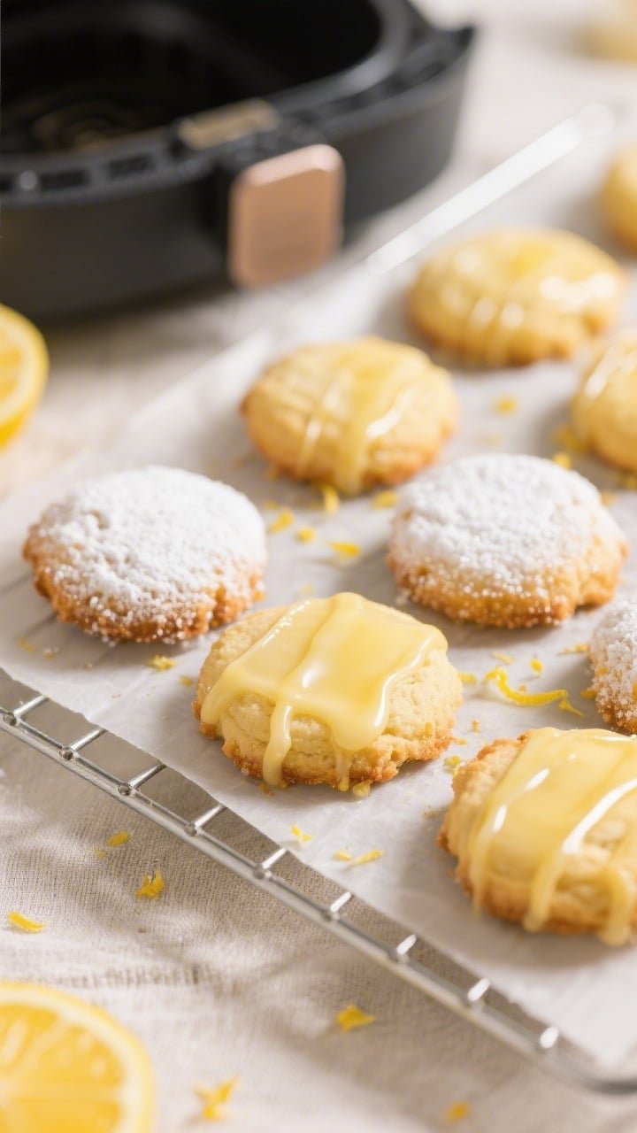 Close-up detail of freshly air-fried lemon cookies cooling on a wire rack, edges lightly crisp and g