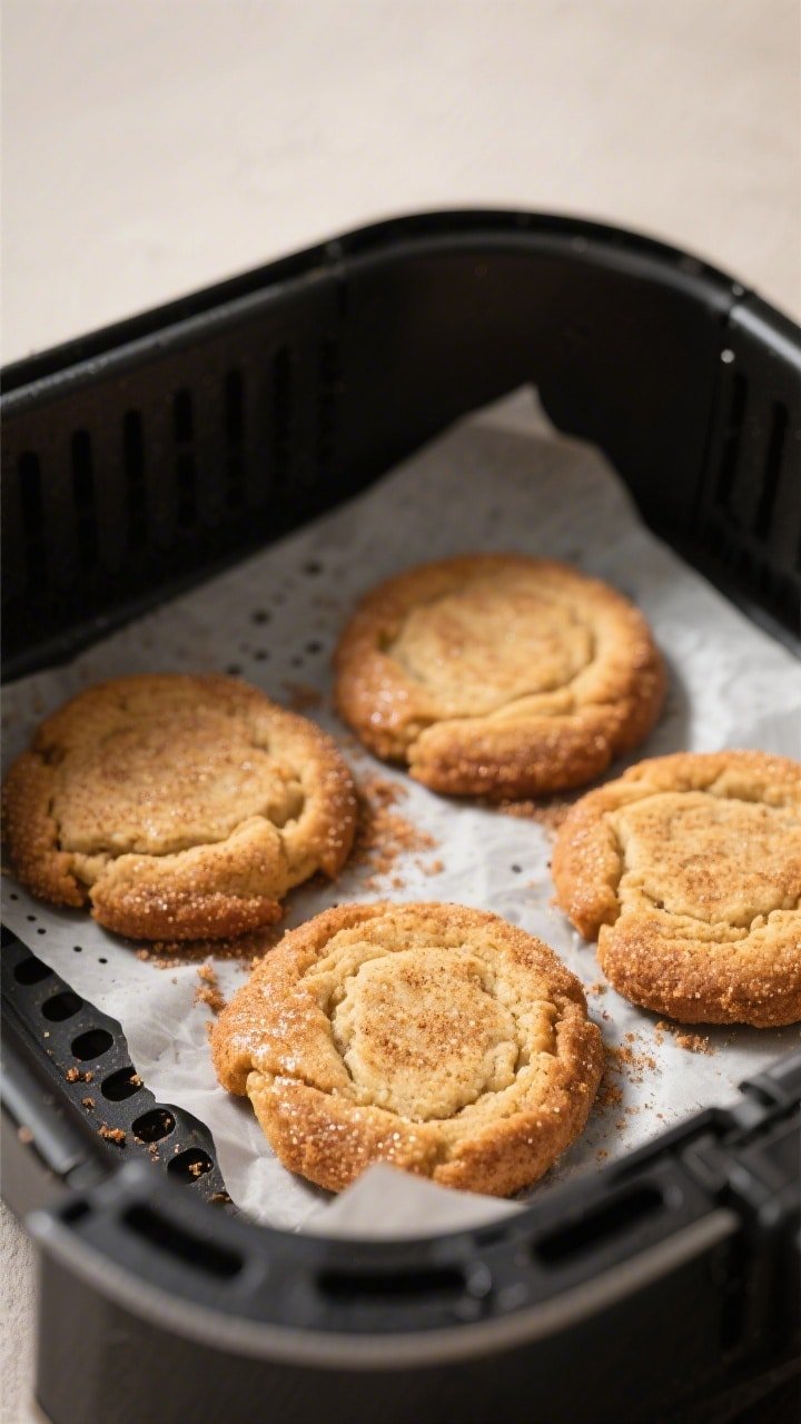 Close-up detail of freshly air-fried snickerdoodle cookies resting in an air fryer basket lined with