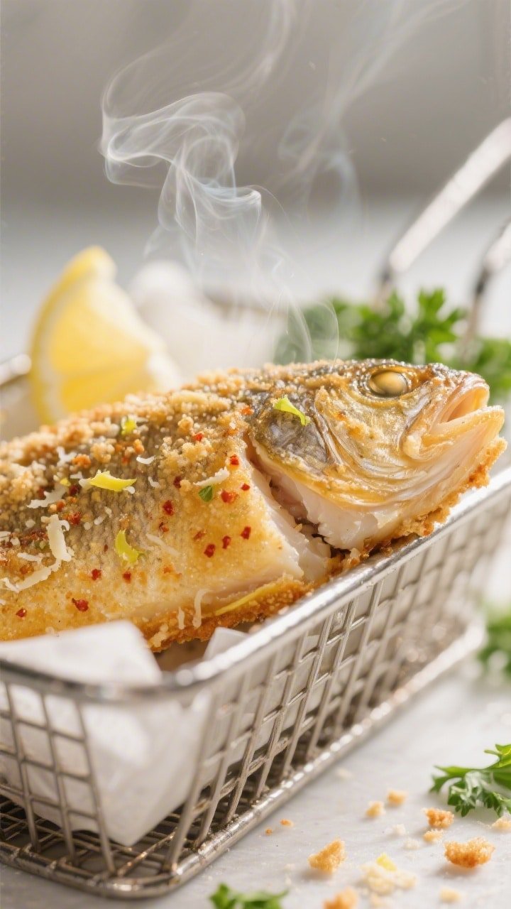 Close-up detail of golden air-fried walleye fillet just out of the basket, crisp breadcrumb-Parmesan