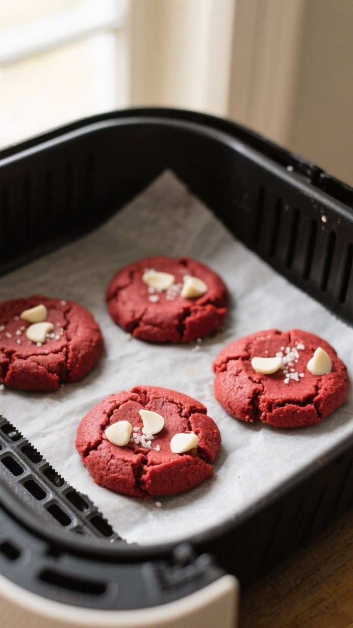 Close-up detail/process shot: Air fryer basket at 320°F holding 5 red velvet cookie dough pucks mid