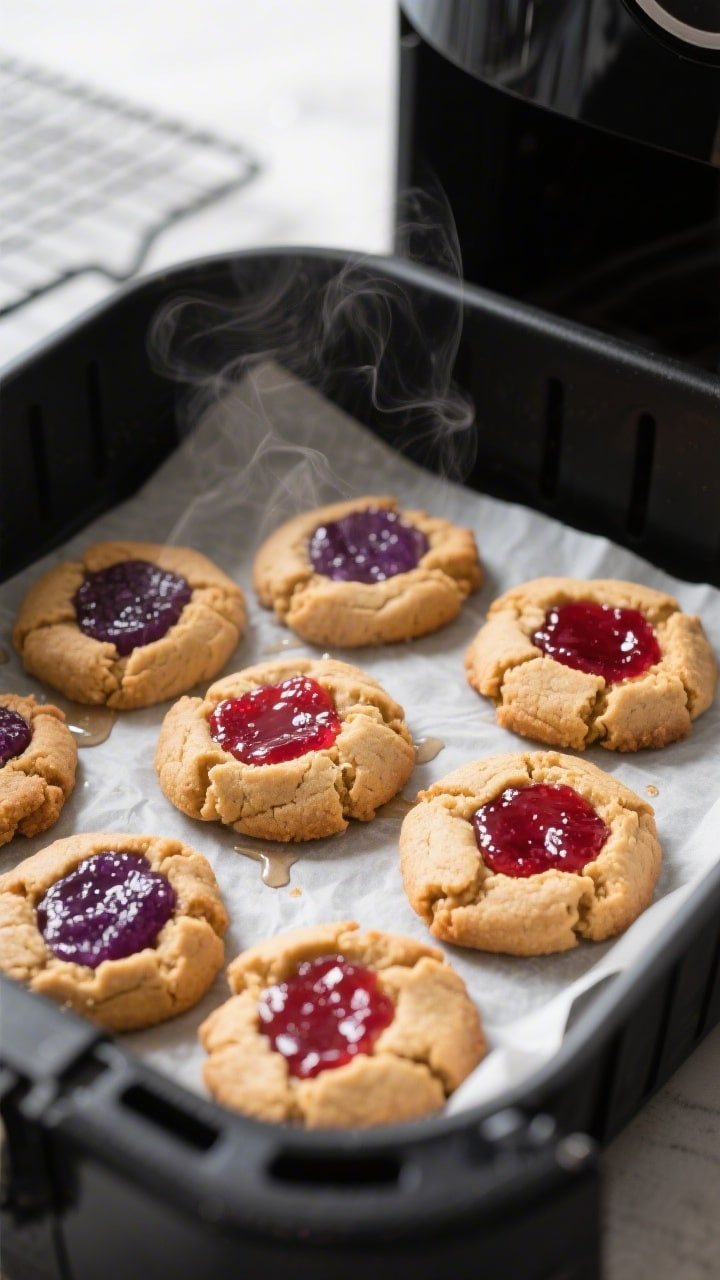 Close-up detail/process shot: Air fryer basket lined with parchment squares holding freshly air-frie