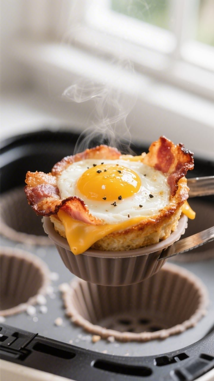 Close-up detail shot: A just-cooked bacon and egg cup lifted from a silicone muffin mold with tongs,