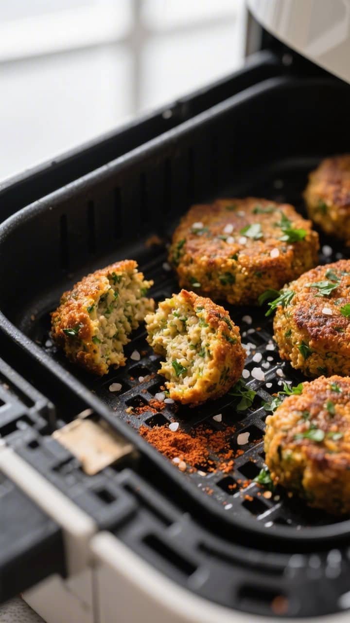 Close-up detail shot: Air-fried falafel just out of the basket at 380°F, deep golden-brown and cris