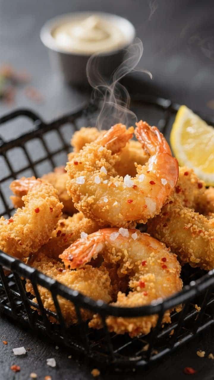 Close-up detail shot: Air-fried fried shrimp just out of the basket, golden and ultra-crispy panko-f