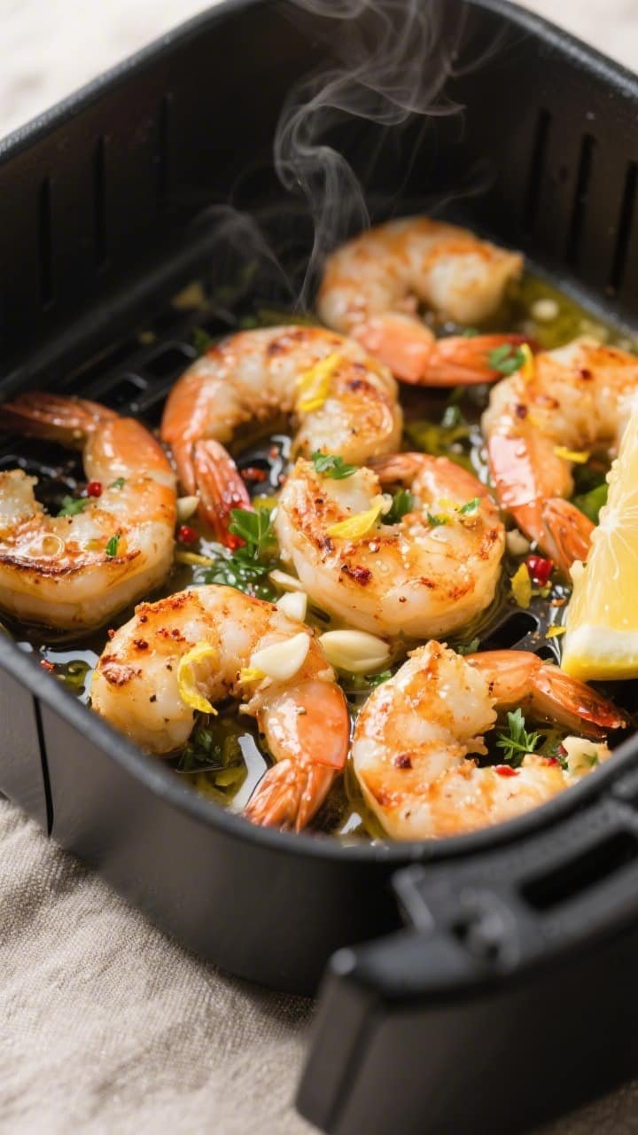 Close-up detail shot: Air-fried garlic butter shrimp just out of the basket at 400°F, curled into l