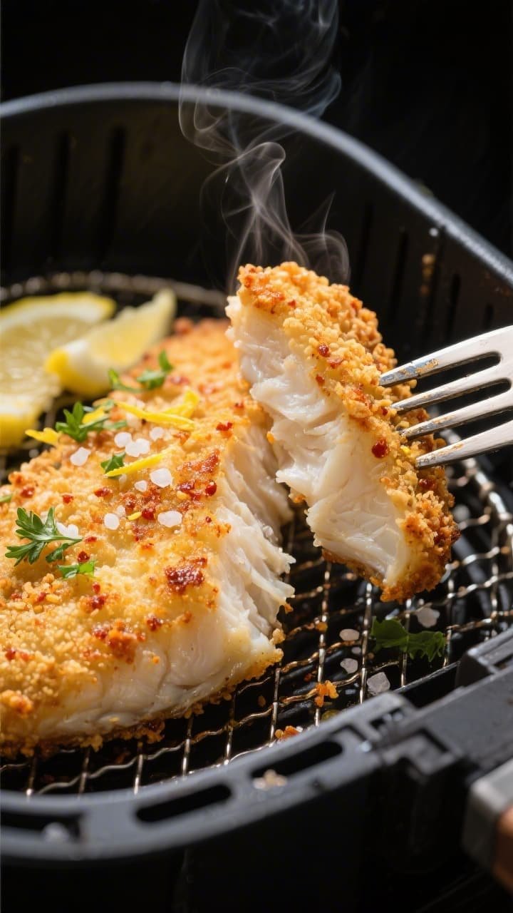Close-up detail shot: Air-fried white fish fillet just out of the basket at 400°F, golden panko cru