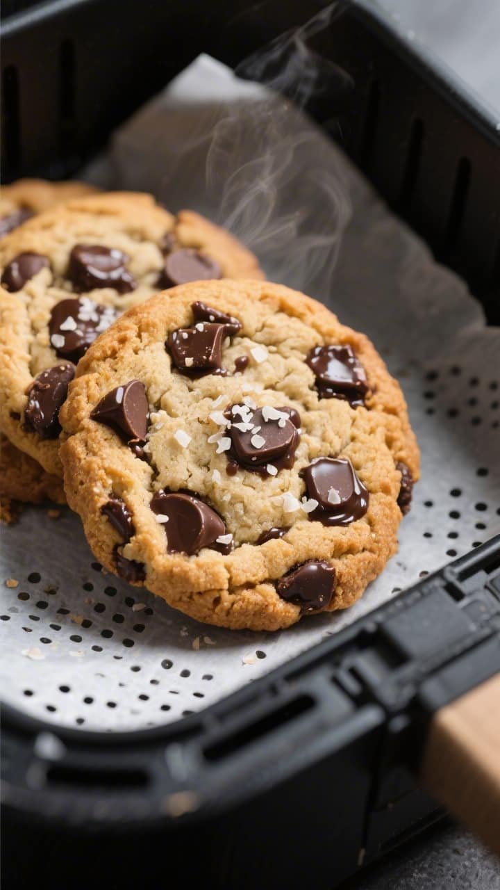 Close-up detail shot: Freshly air-fried chocolate chip cookies resting in the air fryer basket on a 