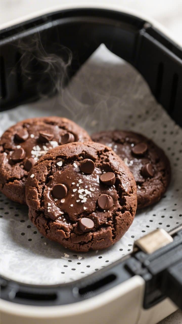 Close-up detail shot: freshly air-fried double chocolate cookies resting in the air fryer basket lin