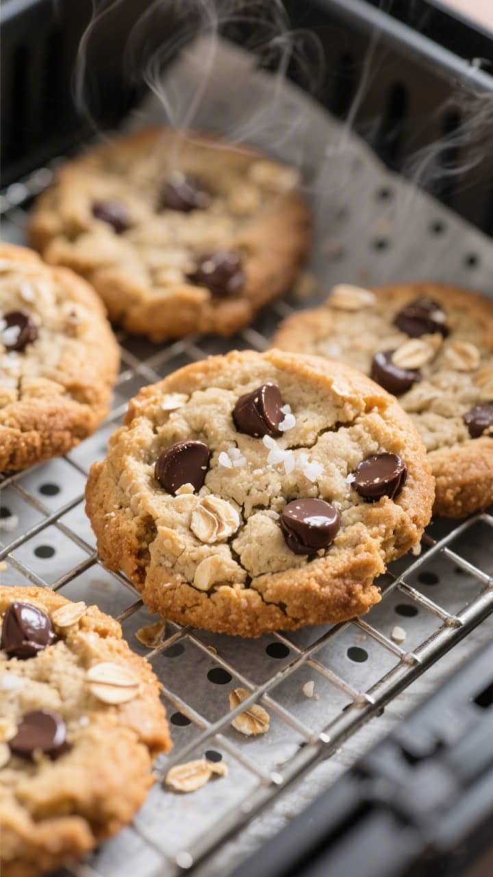 Close-up detail shot: Freshly air-fried protein cookies resting on a wire rack, edges lightly golden