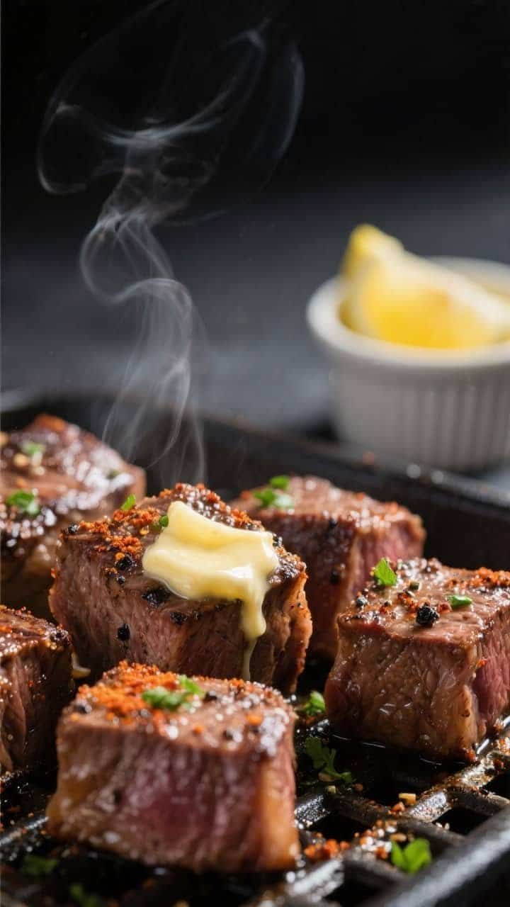 Close-up detail shot: Juicy air fryer steak bites fresh from the basket at 400°F, glistening with m