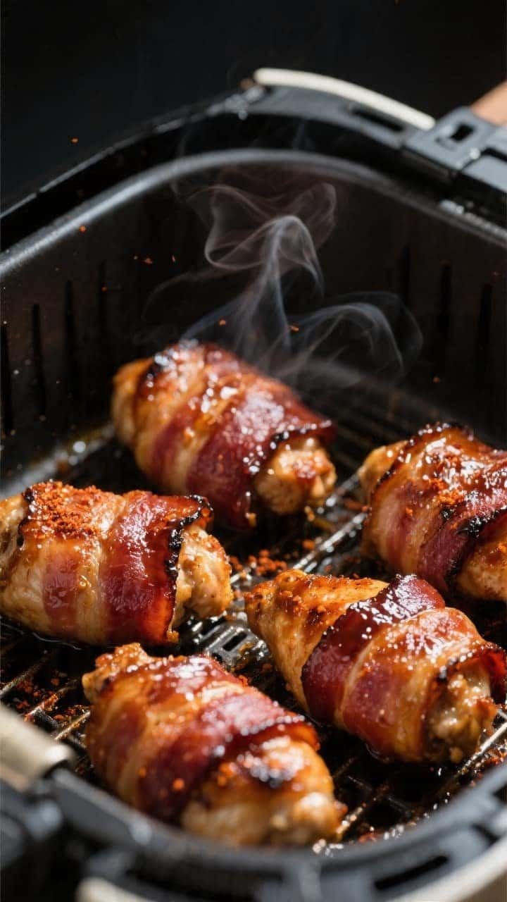 Close-up detail shot of air-fried BBQ bacon-wrapped chicken fresh from the basket: crisp, mahogany-b