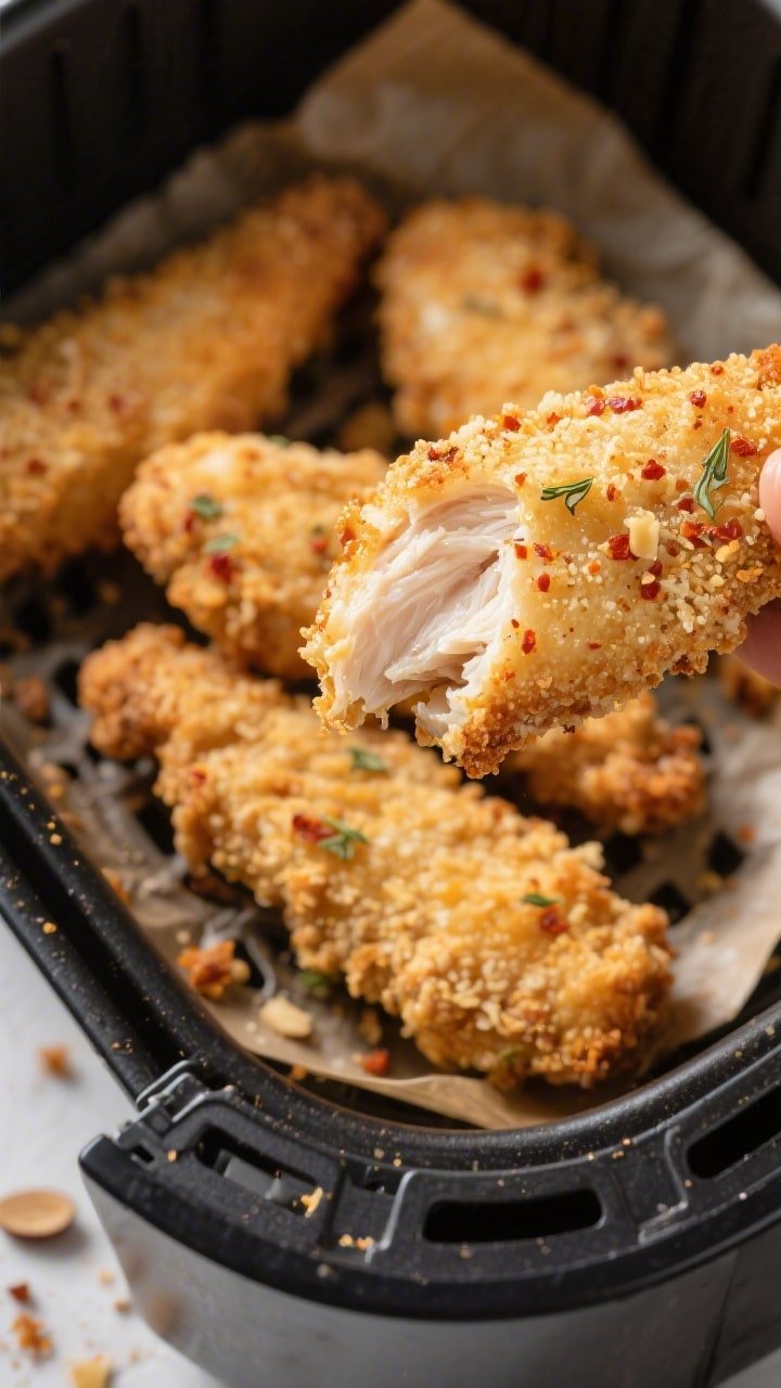 Close-up detail shot of air-fried keto chicken tenders just out of the basket, golden and ultra-cris
