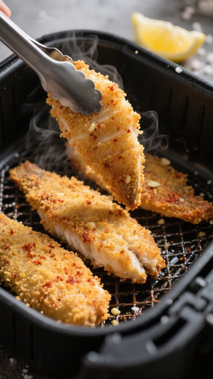 Close-up detail shot of crispy air-fried perch fillets just out of the basket: golden panko-cornmeal