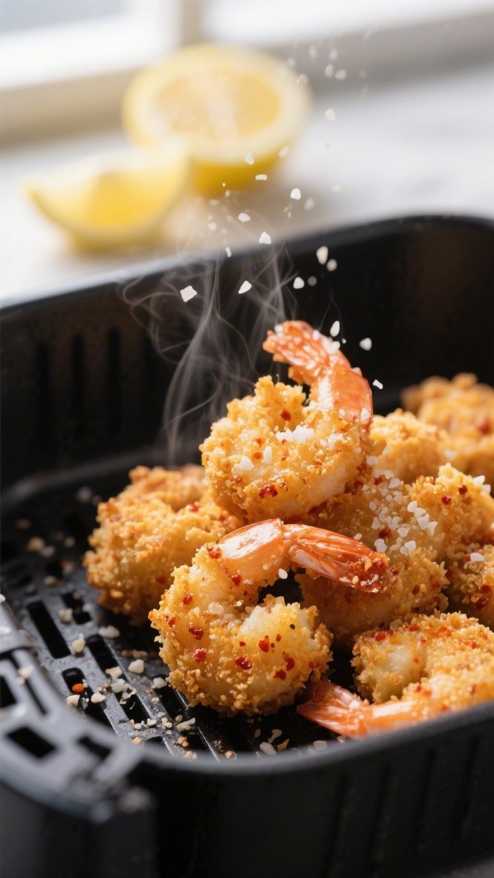 Close-up detail shot of extra crispy air-fried shrimp bites just out of the basket, deep golden pank