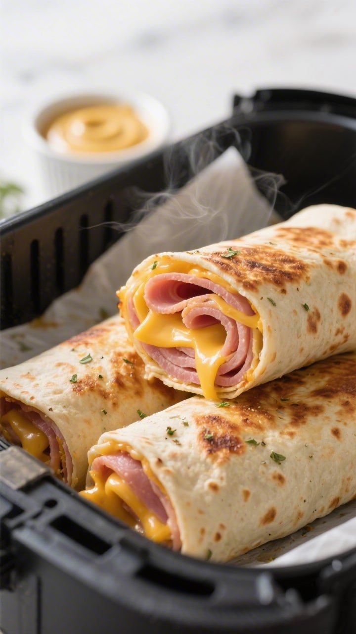 Close-up detail shot of freshly air-fried ham and cheddar tortilla roll ups just out of the basket, 