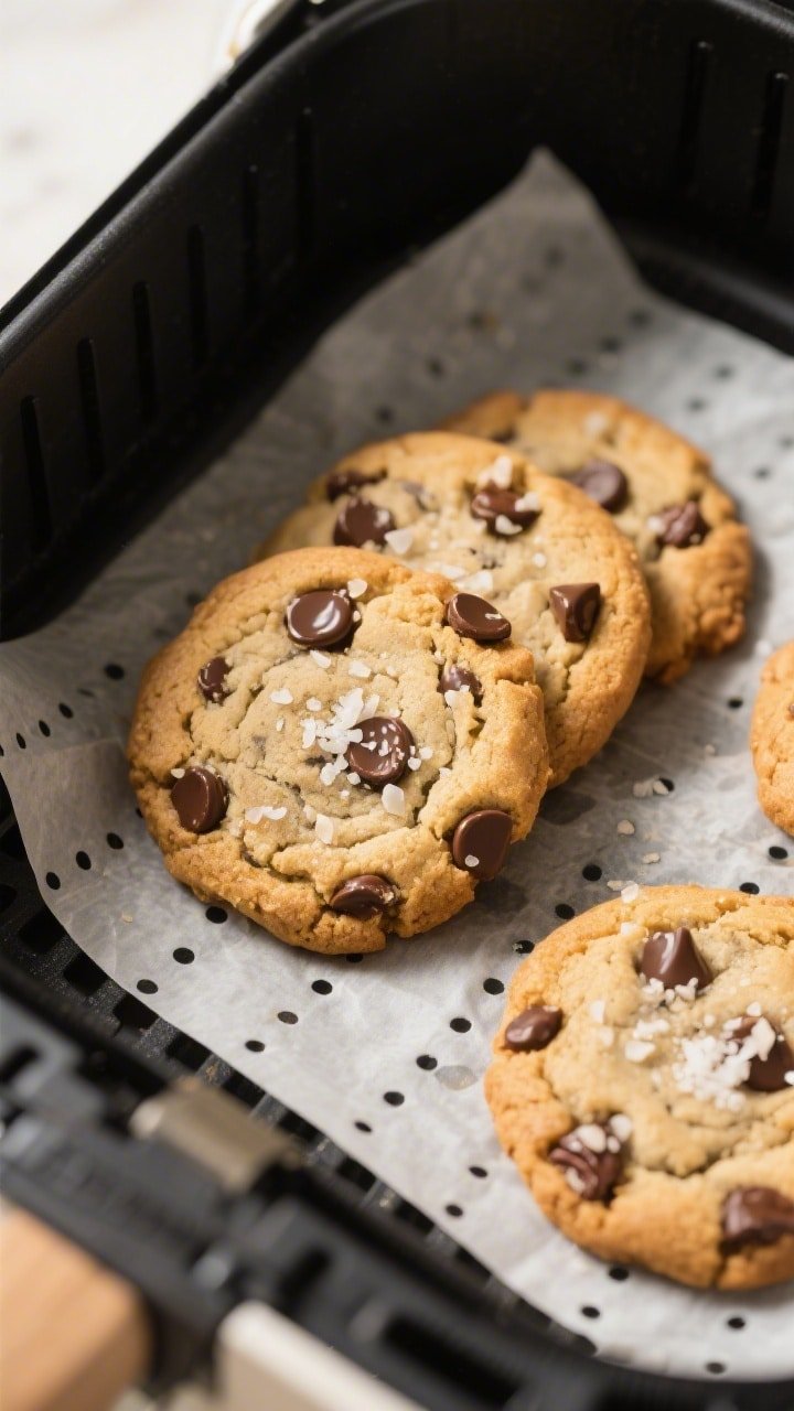 Close-up detail shot of freshly air-fried keto chocolate chip cookies resting in the air fryer baske