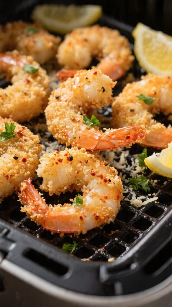 Close-up detail shot of golden Parmesan-crusted air fryer shrimp just out of the basket, showing ult
