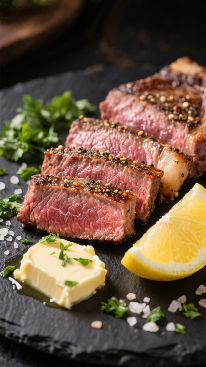 Close-up detail shot of sliced medium-rare ribeye from the air fryer, showcasing a well-seared peppe
