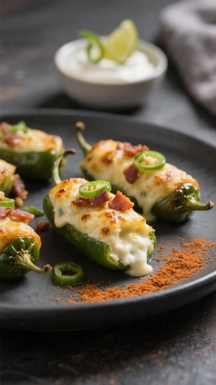 Close-up plated final presentation of keto jalapeño poppers on a matte charcoal plate, highlighting