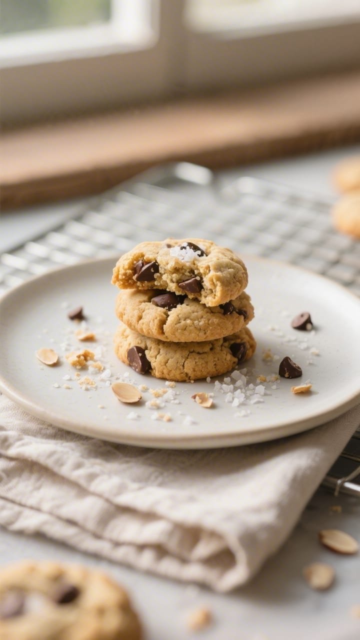 Close-up plated final presentation: small-batch stack of 3 almond flour cookies on a matte off-white