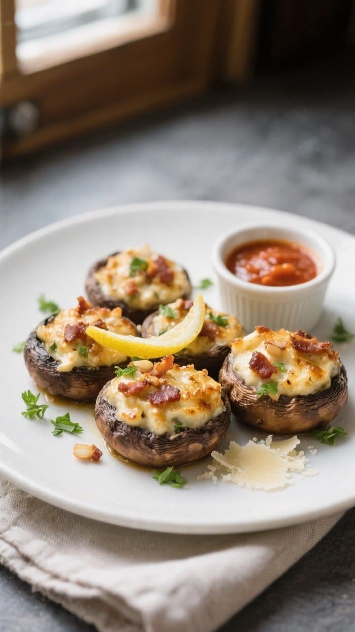 Close-up plated presentation of keto stuffed mushrooms on a matte white plate, artfully grouped with