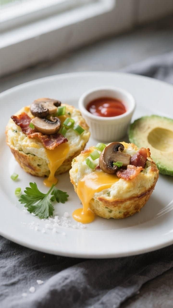 Close-up plated presentation of two keto egg muffins sliced to reveal a tender, fluffy interior stud