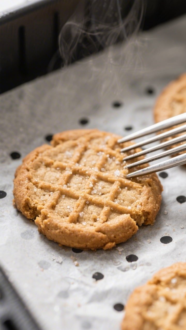 Close-up process shot: Air fryer peanut butter cookies mid-bake in a perforated parchment-lined bask
