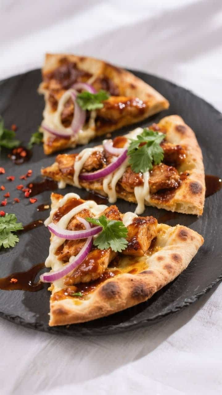 Close-up, three-quarter angle of the final plated BBQ Chicken Flatbread sliced into neat wedges on a